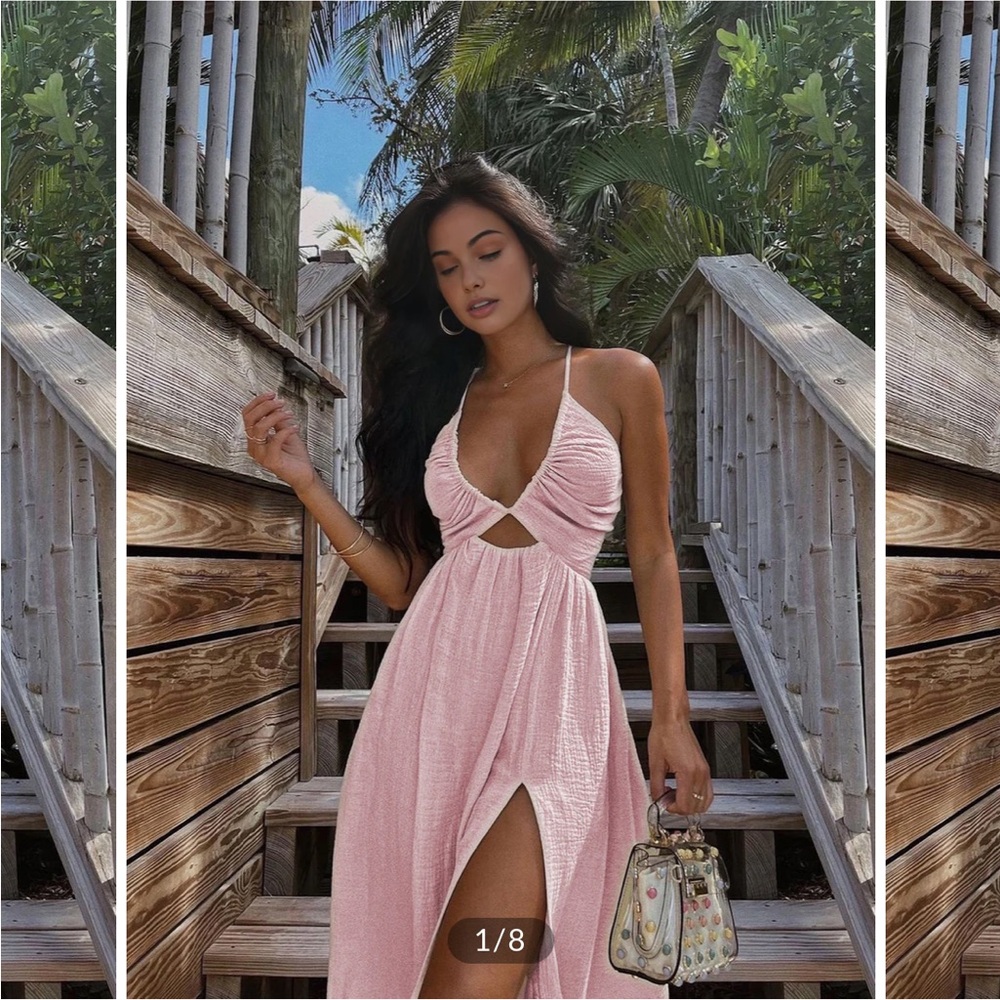 COMMENSE Pink Backless Criss Cross Split Midi Dress